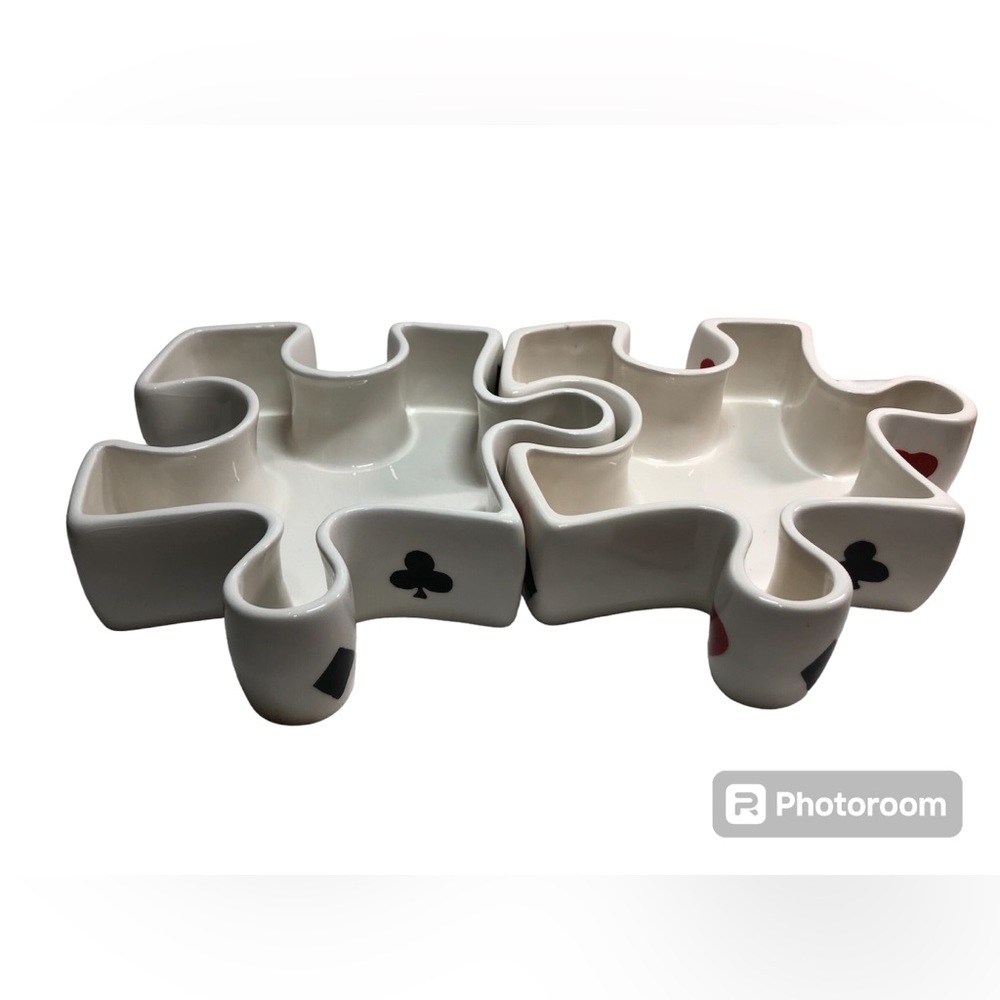 2 Puzzle serving dishes playing cards party condiment ceramic Roscher & Co